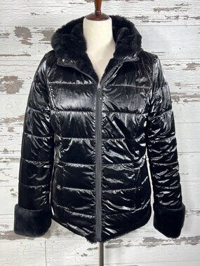 JOSEPH RIBKOFF Hooded Reversible Faux Fur Zip Jacket Black Sz M #243937 NWOT